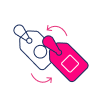 Two price tags, one outlined in blue and one filled in pink, are shown with arrows indicating an exchange or switch between them—a visual representation often seen in retail or E-commerce scenarios.
